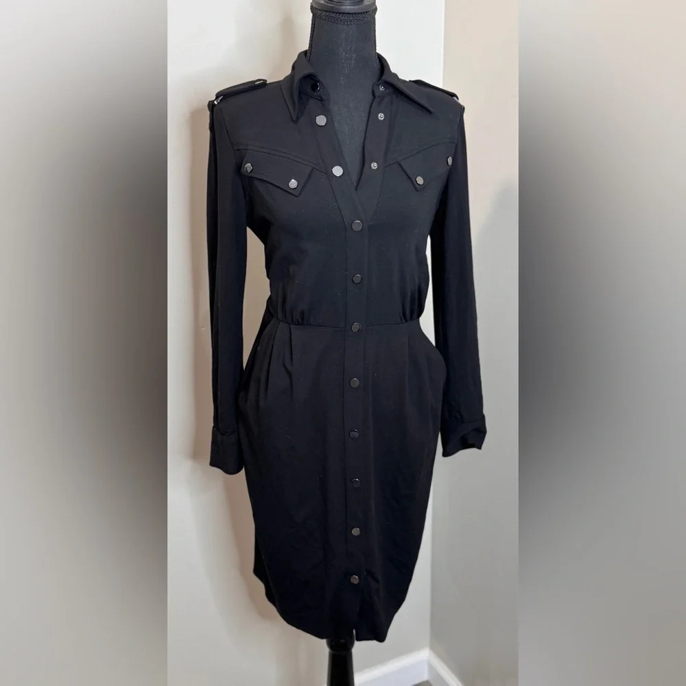 Cache Black Snap Front Shirt Dress‎ Military Style Epaulets Size 4